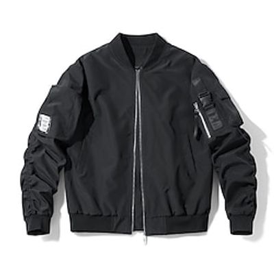 Men's Bomber Jacket Casual Jacket Outdoor Casual  Daily Daily Wear Vacation Going out Zipper Standing Collar Warm Ups Comfort Zipper Front Jacket Outerwear Solid Color Zipper Pocket Black Lightinthebox