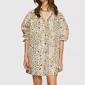 Women's Tunic Leopard Daily Weekend Tunic Blouse Shirt Long Sleeve Button Print Shirt Collar Casual Streetwear Green Khaki S / 3D Print miniinthebox