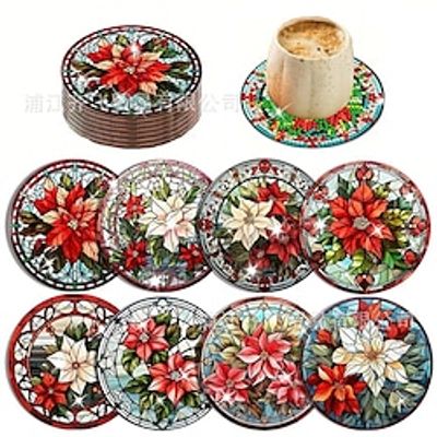 Christmas Diamond Coasters Round with Holder 5D DIY Christmas Candy Diamond Art Coasters Acrylic Round Cup Coaster with Cork Pads for Drinks Diamond Arts Kits for Christmas Gift Lightinthebox