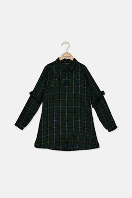Girls Checkered With Beads Shirt  Green Combo