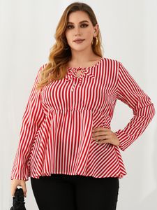 YOINS Plus Size Crew Neck Striped Tie-up Design Long Sleeves Blouse
