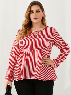 YOINS Plus Size Crew Neck Striped Tie-up Design Long Sleeves Blouse