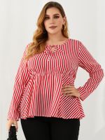 YOINS Plus Size Crew Neck Striped Tie-up Design Long Sleeves Blouse - thumbnail