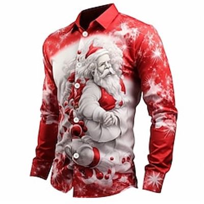 Santa Claus Casual Men's Shirt Daily Wear Going out Fall  Winter Turndown Long Sleeve Dark Red, White, Red S, M, L 4-Way Stretch Fabric Shirt Christmas Lightinthebox