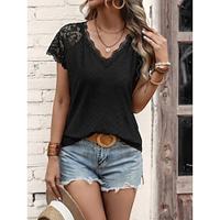 T shirt Tee Women's Black White Pink Plain Lace Street Daily Fashion V Neck Regular Fit S Lightinthebox