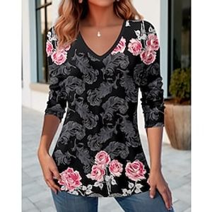 Women's T shirt Tee Floral Yellow Pink Blue Print Long Sleeve Holiday Weekend Fashion V Neck Regular Fit Spring   Fall Lightinthebox