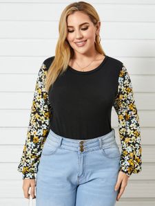 YOINS Plus Size Patchwork Calico Long Sleeves Tee