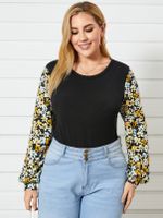 YOINS Plus Size Patchwork Calico Long Sleeves Tee - thumbnail