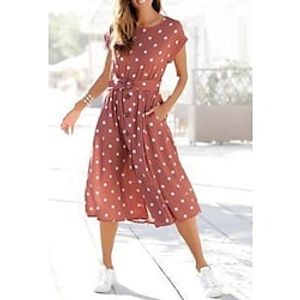 Women's Casual Dress Midi Dress Red Short Sleeve Polka Dot Ruched Spring Summer Crew Neck Weekend 2022 S M L XL XXL 3XL Lightinthebox