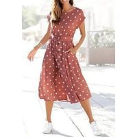 Women's Casual Dress Midi Dress Red Short Sleeve Polka Dot Ruched Spring Summer Crew Neck Weekend 2022 S M L XL XXL 3XL Lightinthebox - thumbnail