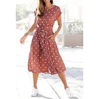 Women's Casual Dress Midi Dress Red Short Sleeve Polka Dot Ruched Spring Summer Crew Neck Weekend 2022 S M L XL XXL 3XL Lightinthebox - thumbnail