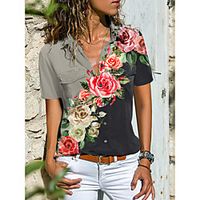 Women's Floral Theme Blouse Shirt Floral Graphic Color Block Button Print Shirt Collar Tops Casual Streetwear Basic Top Khaki Gray miniinthebox - thumbnail