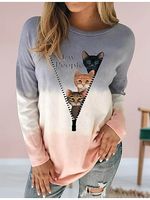 Women's 3D Cute Cat Gradient Print Round Neck Long-sleeved Sweatshirt