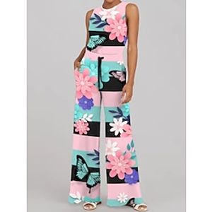 Women's Jumpsuit Pocket Print Floral Crew Neck Holiday Holiday Wide Leg Regular Fit Sleeveless Sleeveless Pink S M L Summer Lightinthebox