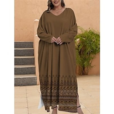 Women's Plus Size Curve Casual Dress Winter Dress Ethnic Dress Color Block Long Dress Maxi Dress Long Sleeve Print V Neck Fashion Outdoor Red Blue Fall Winter L XL XXL 3XL 4XL Lightinthebox