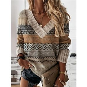Women's V Neck Pullover Sweater Jumper Ribbed Knit Polyester Knitted Print Fall Winter Regular Outdoor Daily Going out Fashion Streetwear Vintage Style Long Sleeve Geometric Color Block Khaki S M L Lightinthebox