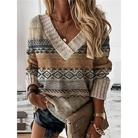 Women's V Neck Pullover Sweater Jumper Ribbed Knit Polyester Knitted Print Fall Winter Regular Outdoor Daily Going out Fashion Streetwear Vintage Style Long Sleeve Geometric Color Block Khaki S M L Lightinthebox - thumbnail