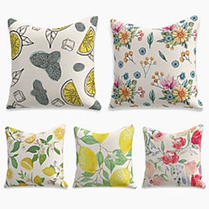 Double Side Cushion Cover 5PC Faux Linen Soft Decorative Square Throw Pillow for Sofa Bedroom 45 x 45 cm (18 x 18 Inch) Superior Quality Machine Washable  Print Summer Fruit Flower Citrus miniinthebox