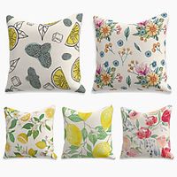 Double Side Cushion Cover 5PC Faux Linen Soft Decorative Square Throw Pillow for Sofa Bedroom 45 x 45 cm (18 x 18 Inch) Superior Quality Machine Washable  Print Summer Fruit Flower Citrus miniinthebox - thumbnail
