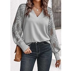 Women's Shirt Blouse Textured Plain Gray Lace Long Sleeve Casual Fashion V Neck Regular Fit Spring   Fall Lightinthebox