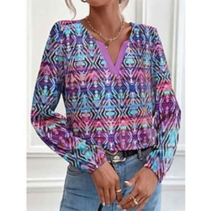 Women's Shirt Blouse Graphic Blue Purple Green Print Long Sleeve Casual Fashion V Neck Regular Fit Spring   Fall Lightinthebox