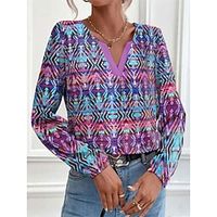 Women's Shirt Blouse Graphic Blue Purple Green Print Long Sleeve Casual Fashion V Neck Regular Fit Spring   Fall Lightinthebox - thumbnail