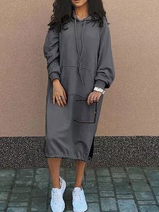 Casual Loose Solid Color Hooded Midi Dress