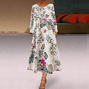 Women's A Line Dress Midi Dress White Long Sleeve Floral Print Fall Round Neck Casual 2021 M L XL XXL miniinthebox