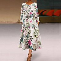 Women's A Line Dress Midi Dress White Long Sleeve Floral Print Fall Round Neck Casual 2021 M L XL XXL miniinthebox - thumbnail