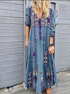 Long Sleeve Cotton-Blend Boho V Neck Maxi Dress