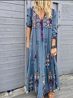 Long Sleeve Cotton-Blend Boho V Neck Maxi Dress - thumbnail