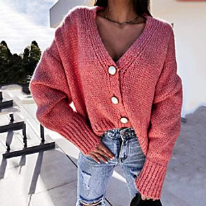 Women's Cardigan Sweater Knitted Button Solid Color Stylish Basic Casual Long Sleeve Sweater Cardigans V Neck Fall Winter Yellow Blushing Pink Dark Gray Lightinthebox