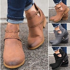 Women's Boots Combat Boots Plus Size Outdoor Daily Booties Ankle Boots Winter Rivet Chunky Heel Round Toe Casual Minimalism PU Zipper Solid Color Black Brown Gray miniinthebox