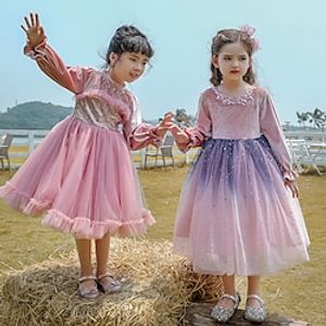Kids Girls' Party Dress Solid Color Sequin Long Sleeve Performance Graduation Sequins Daily Princess Beautiful Polyester Knee-length Party Dress Spring Fall Winter 3-13 Years Pink Purple Lightinthebox