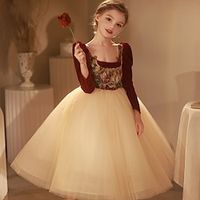 Kids Girls' Party Dress Solid Color Long Sleeve Performance Mesh Princess Sweet Mesh Mid-Calf Sheath Dress Tulle Dress Summer Spring Fall 2-12 Years Red Lightinthebox - thumbnail