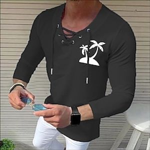 Men's Shirt Solid Color Tree V Neck White Black Blue Gray Pink 3/4-Length Sleeve Outdoor Street Drawstring Print Tops Fashion Designer Casual Breathable / Summer / Spring / Summer miniinthebox