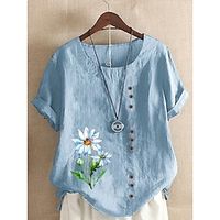 Women's Blouse Shirt Henley Shirt Green Blue Purple Floral Print Short Sleeve Daily Holiday Round Neck Regular S Lightinthebox - thumbnail