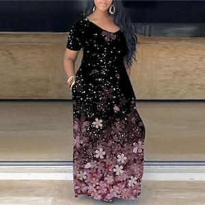 Women's Plus Size Shift Dress Floral V Neck Short Sleeve Spring Summer Casual Maxi long Dress Causal Daily Dress Lightinthebox