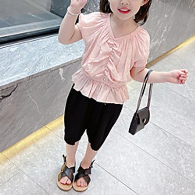Toddler Girls' Clothing Set Short Sleeve White Blushing Pink Solid Colored Ruched Daily Wear Date Sophisticated miniinthebox