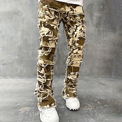 Men's Jeans Trousers Stacked Jeans Patchwork Zipper Pocket Pattern Patchwork Camouflage Comfort Wearable Full Length Outdoor Daily Designer Casual Yellow camouflage Micro-elastic Lightinthebox