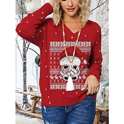 Women's Ugly Christmas Sweater Pullover Sweater Jumper V Neck Ribbed Knit Polyester Knitted Print Fall Winter Regular Outdoor Xmas Holiday Cool Daily Stylish Long Sleeve Snowflake Black Wine S M miniinthebox