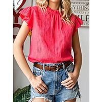 Shirt Blouse Women's Black Red Blue Solid Color Ruffle Street Daily Fashion Round Neck S Lightinthebox