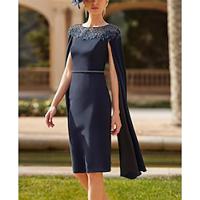 Sheath / Column Mother of the Bride Dress Formal Wedding Guest Elegant Vintage Jewel Neck Knee Length Stretch Chiffon Short Sleeve with Beading blue wedding guest dress 2024 Lightinthebox