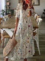 Casual Loose V-Neck Printed Short Sleeve Maxi Dress