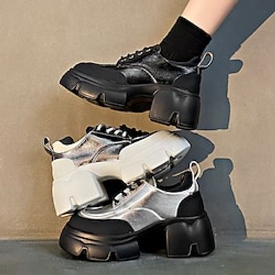 Women's Loafers Platform Loafers Outdoor Daily Booties Ankle Boots Lace-up Flat Heel Round Toe Casual Comfort Minimalism Walking Faux Leather Lace-up Silver White  Silver Black Lightinthebox