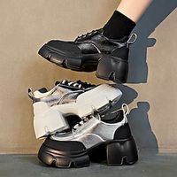 Women's Loafers Platform Loafers Outdoor Daily Booties Ankle Boots Lace-up Flat Heel Round Toe Casual Comfort Minimalism Walking Faux Leather Lace-up Silver White  Silver Black Lightinthebox - thumbnail