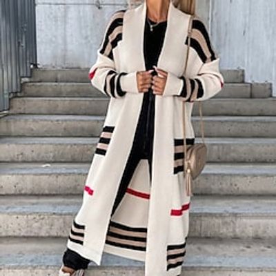 Women's Cardigan Sweater Jumper Ribbed Knit Knitted Striped Open Front Stylish Casual Outdoor Daily Winter Fall Camel Beige S M L  Long Sleeve  Holiday  Regular Fit  Going out Lightinthebox