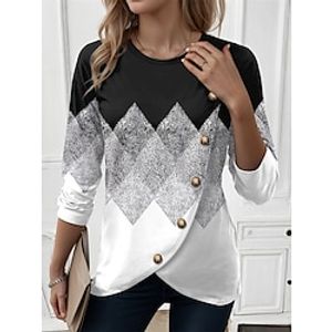 Women's T shirt Tee Plaid Casual Pink Purple Green Print Long Sleeve Fashion Round Neck Regular Fit Spring   Fall Lightinthebox