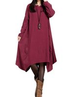 O-Newe Plus Size Solid O-Neck Long Sleeve Ruffled Asymmetric Dress For Women