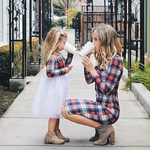 Mommy and Me Dresses Color Block Print Khaki Red Yellow Long Sleeve Above Knee Daily Matching Outfits  Winter Lightinthebox